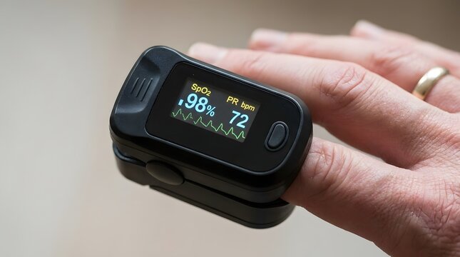 Pulse oximeter on finger showing oxygen saturation and heart rate.