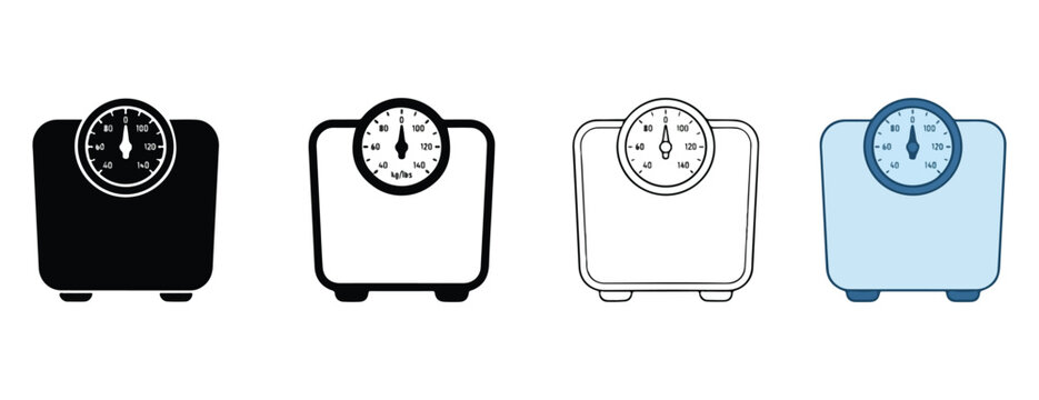 scales with dials on top showing various weights and measures in a line on white background