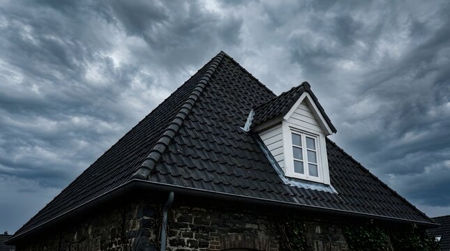 Dark stormy clouds gather above mansard roof with dormer window.