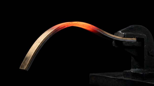 Heated bimetallic strip bending due to thermal expansion of different metals clamped in a bench vise