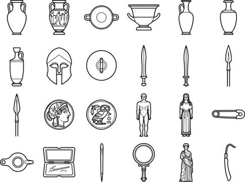 A collage of ancient Greek artifact outlines, including pottery, weaponry, coins, and statuary, presented in a clean, graphic illustration style.
