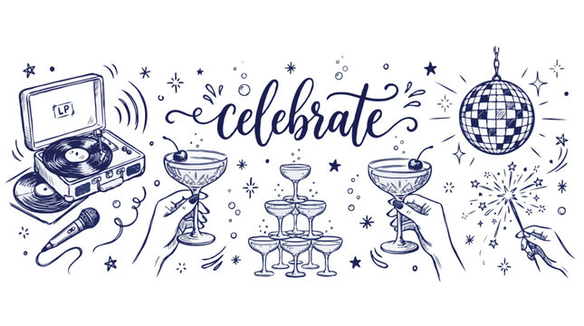 and drawn cocktails posters. Cheers set with hands holding glasses at party celebration.eps