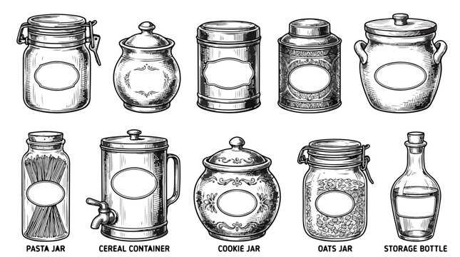 Vintage kitchen storage jars set, hand drawn pantry containers with labels, antique glass canisters and bottles vector collection for food packaging