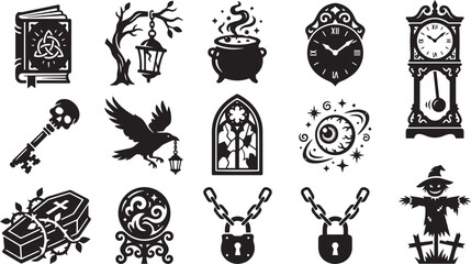 Mystic witchcraft silhouette icon set with magic cauldron © Syed Radif