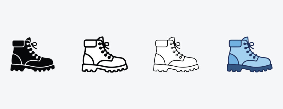 work boots with laces and rugged soles in various line art styles and colors on a light gray background