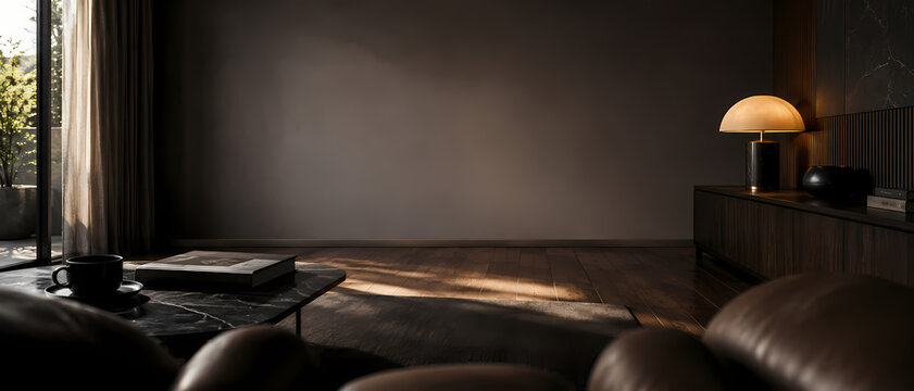 Dark sophisticated living room with cognac sofa and blank wall mock up