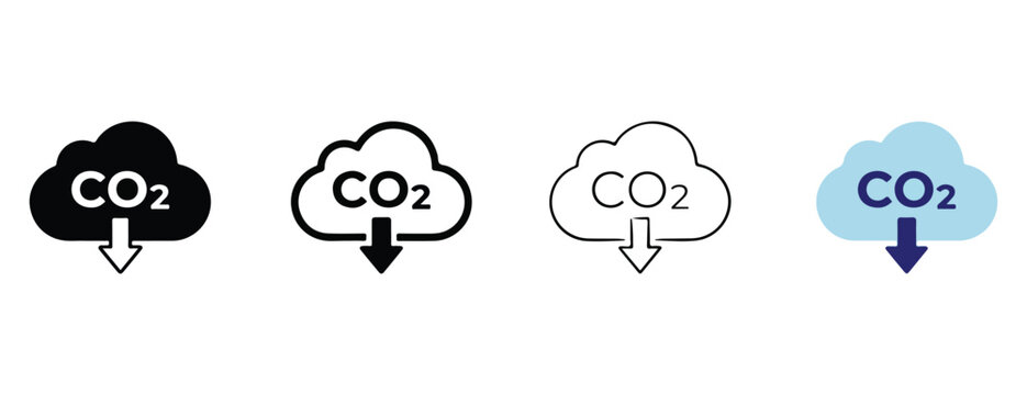 cloud with CO2 and downward arrow in various colors on white background  environmental and ecological concepts