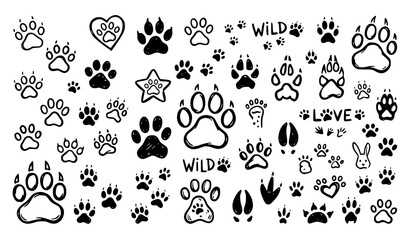 Animal paw prints and tracks doodle vector set, featuring wild predator, dog, cat, and bird footprints. © SobujChandra