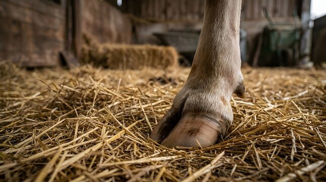 Cow hoof standing on dry yellow straw bedding inside traditional wooden barn close up