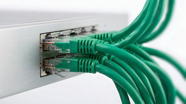 Ethernet network cables connected to silver metal switch network device.
