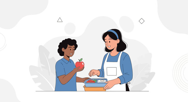 Woman packing lunch for child, healthy eating concept, school lunch, diverse representation