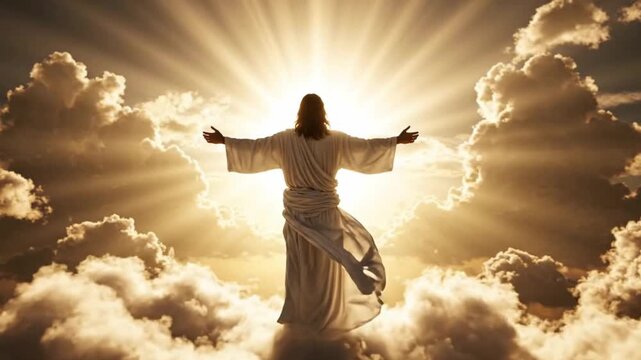 Jesus christ with open arms standing in the clouds with divine golden light rays shining from behind