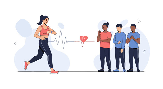 Woman runner monitored by smart watch, heart rate graph and observers, symbolizing fitness tracking and health awareness