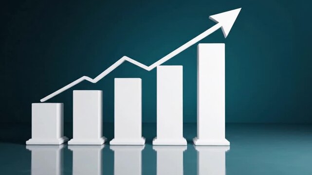 3d render of a bar chart with a rising trend line, representing business growth, financial success, and economic development on a dark blue background