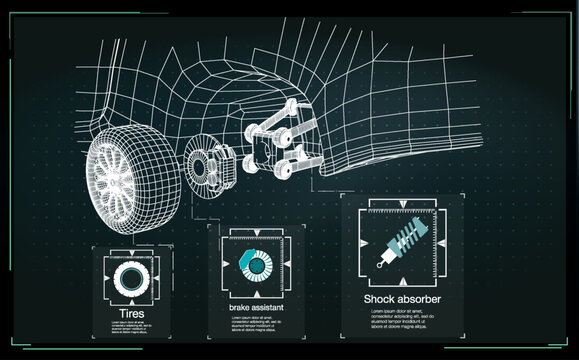 Diagram shows car suspension with details on tires, brake assistant, and shock absorber in a technical layout