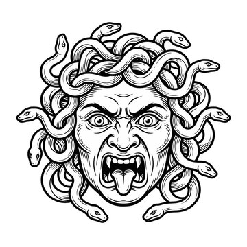 Medusa head illustration with writhing snake hair.
