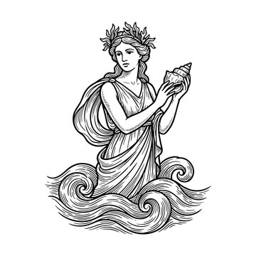 Sea goddess rising from ocean waves with shell.