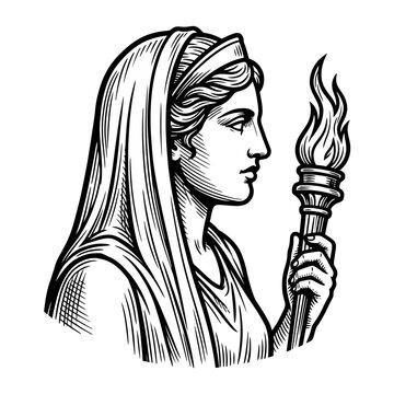 Greek goddess profile holding a burning torch.