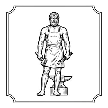 Greek god Hephaestus with blacksmith tools in frame