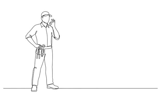 Continuous line art of a repairman talking on the phone with handyman mechanic craftsman