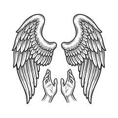 Obraz premium Pair of feathered wings above open human hands.