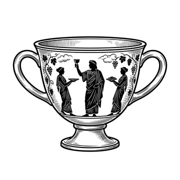 Ancient Greek kantharos cup with figures engraving.