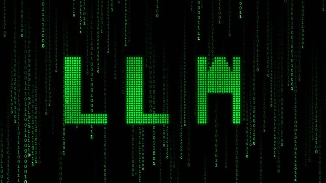 Large Language Model LLM text in green matrix digital code style.