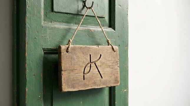 Rustic Wooden Sign with Letter K Carved Hanging on an Old Green Painted Door