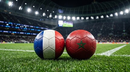 Obraz premium France vs Morocco Soccer Match Concept – Two Footballs Painted with National Flags on Green Grass in a Stadium Under Lights