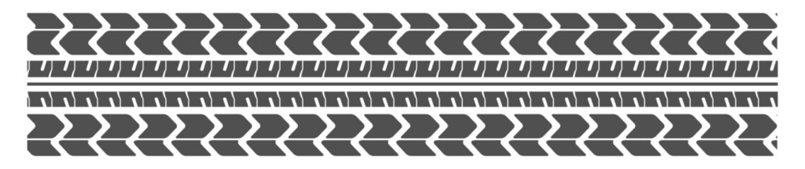 Offroad tire tread and track icon set in black and white. Vehicle skid and rubber print symbols. © Alla