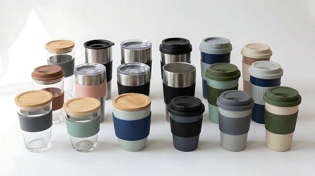 Collection of Reusable Coffee Cups and Tumblers in Various Colors and Materials