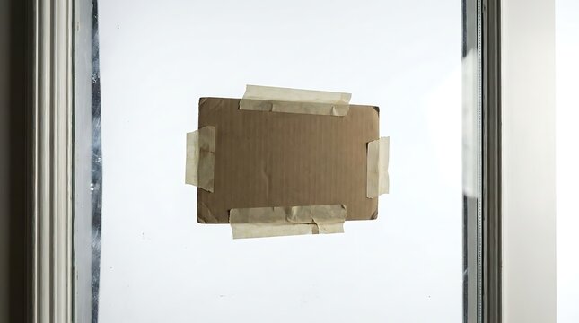 Cardboard square taped to a window with masking tape