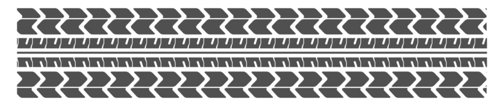 Offroad tire tread and track icon set in black and white. Vehicle skid and rubber print symbols.