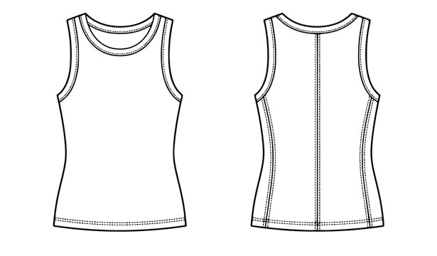 Women's Classic Tank Top Fashion Technical Sketch Flat Vector CAD Template Front and Back View