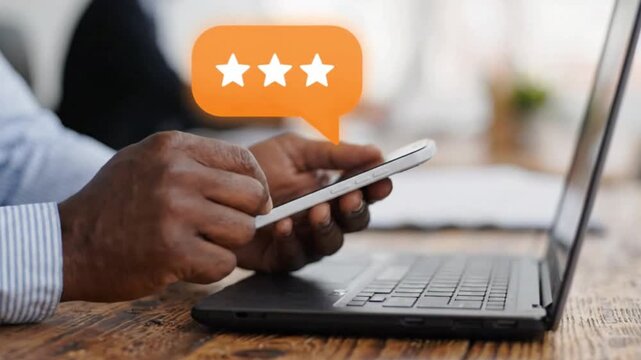 Closeup of a businessman using a smartphone with a twostar rating icon floating above, representing customer feedback or service evaluation
