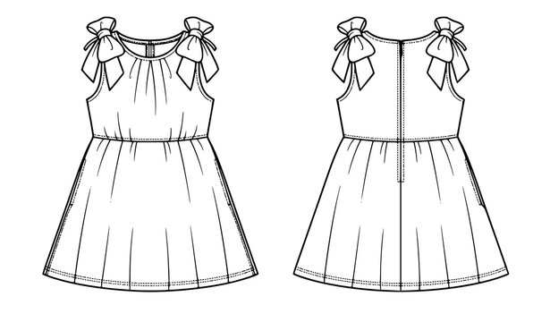 Girls Summer Dress with Shoulder Bow Tie Straps Fashion Technical Sketch Flat Vector Front and Back View