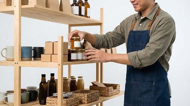 Smiling shopkeeper arranging jars of preserves and bottles on wooden shelves in a retail store