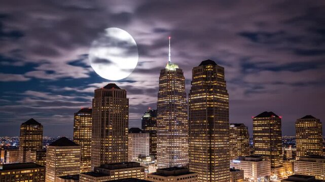 Epic night view of a glowing full moon illuminating the towering city skyscrapers against a dark starry sky