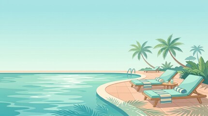 Obraz premium Poolside lounge chairs and palm trees in tropical resort setting