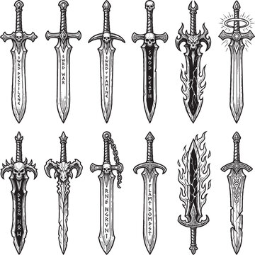 Swords collection set featuring various fantasy blades with skulls and ancient runes in a detailed black and white sketch style graphic illustration suitable for tattoo art designs on white background