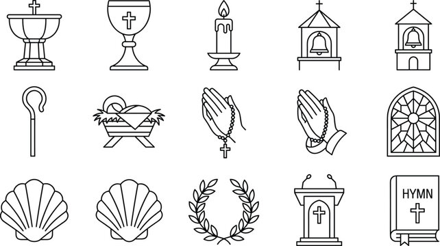 Christian Church Worship Symbols Outline Vector Collection with Sacred Religious Icons for Faith Prayer Communion and Christian Ceremony Design