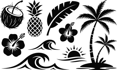 Set of tropical vacation icons and summer beach design elements in silhouette with tropical silhouette vacation pineapple hibiscus collection isolated paradise recreation adventure © MstAsmaAkter