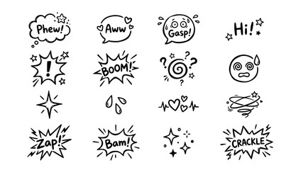 Comic Book Sound Effects and Speech Bubble Doodles with Words Boom, Phew, Gasp, Zap, and Bam © Md