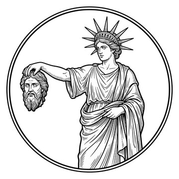 Perseus holding Medusa head in circle frame.