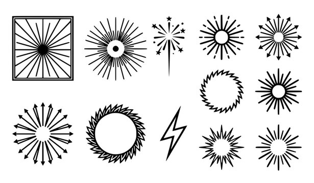 Sunburst and Starburst Line Icon Collection, Vintage Ray and Sparkle Vector Set for Logos and Badges