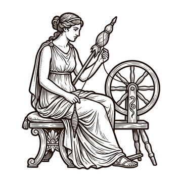 Woman spinning thread with wheel in vintage Greek style.