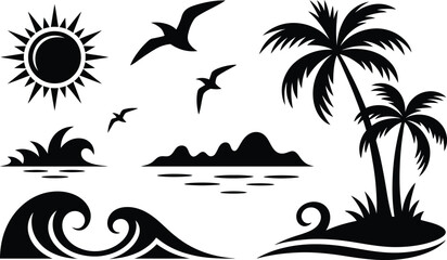 Black and white tropical island beach collection with sun birds palm trees and rolling waves tropical silhouette vacation seascape paradise landscape monochrome coastline sunlight © MstAsmaAkter