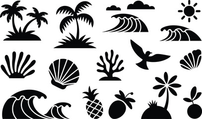 Tropical beach icon set with palm trees ocean waves seashells coral pineapple and summer elements tropical seashell pineapple silhouette vacation seascape monochrome nautical underwater © MstAsmaAkter