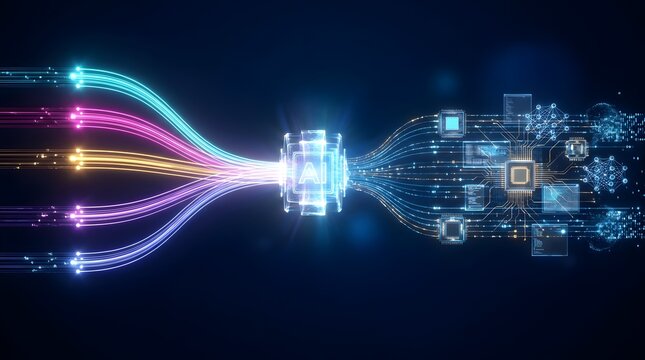 Artificial intelligence data processing concept with glowing fiber optic streams connecting to a central microchip distributing digital information