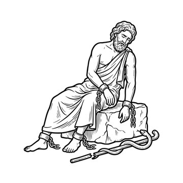 Chained man sitting on rock representing prometheus illustration